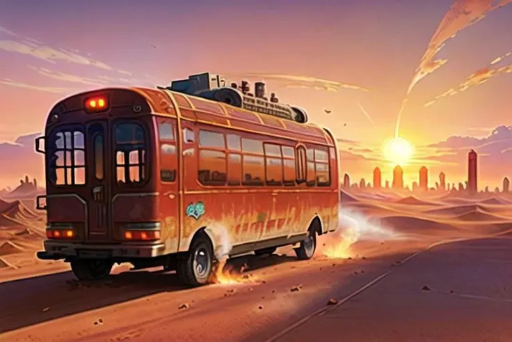 a mobile city machine on wheels, like Mortal Engines, philip reeve, a desert, devastated lands, red dust, smoke in the sky, red sun, sunset behind the city