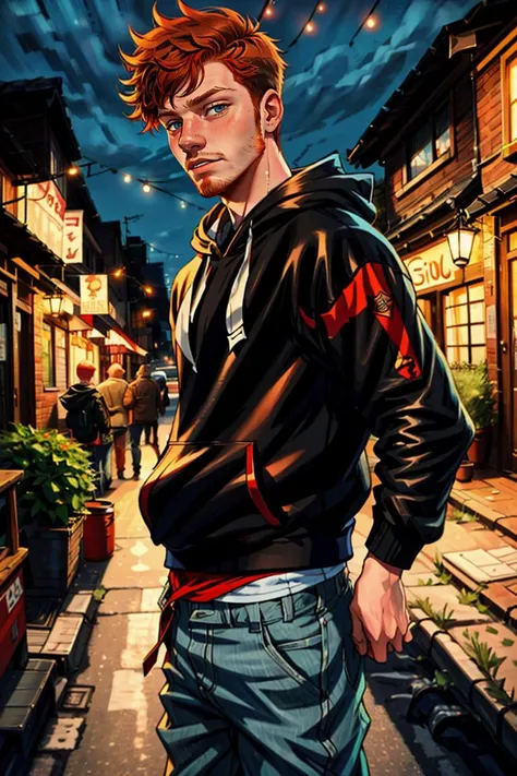 Wholesome Candid photo of a timid 18yo redneck slim dg_Finn boy, short dark red hair, (ginger facial stubble) photorealistic, hyperdetailed, <lora:dg_Finn_v1:0.8>, solo, streets, scared face, outdoors, nighttime, wearing a hoodie, pants, shirt, sharp focus...