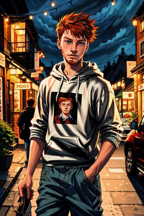 Wholesome Candid photo of a timid 18yo redneck slim dg_Finn boy, short dark red hair, (ginger facial stubble) photorealistic, hyperdetailed, <lora:dg_Finn_v1:0.8>, solo, streets, scared face, outdoors, nighttime, wearing a hoodie, pants, shirt, sharp focus...