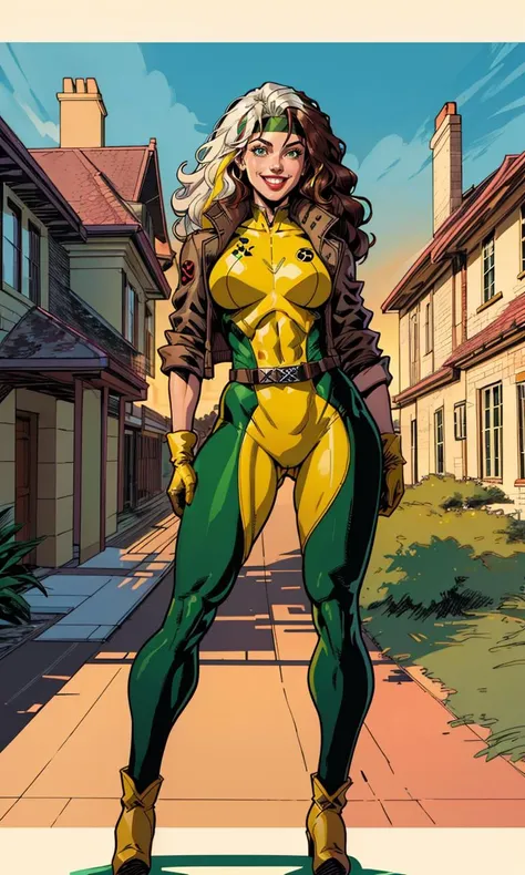 roguexm92, illustration, comic art, 1girl, x-men, big hair, two-tone hair, brown hair, white streaked hair, green sweatband, yellow and green bodysuit, short jacket, gloves, smile, wavy hair, dimple, large breasts, wide hips, muscular, loose belt, full bod...