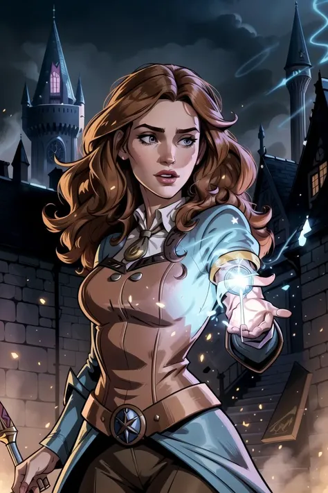 comic book style, flat shaded, flat colors cowboy shot of detailed face like Hermione Granger, adult woman standing in the castle grounds, hogwarts background, extremely detailed face, magical aura around hands, magic wand, performing magic, detailed bushy...