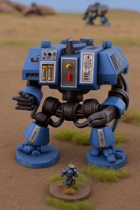 a close up of a blue and black robot with a small green object