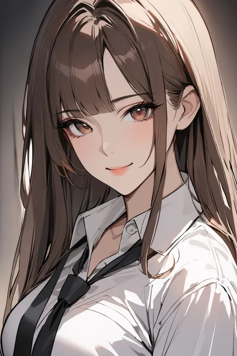 anime girl with long hair wearing a white shirt and black tie