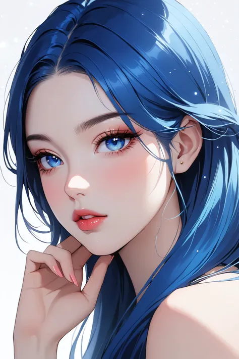 a close up of a woman with blue hair and a blue dress