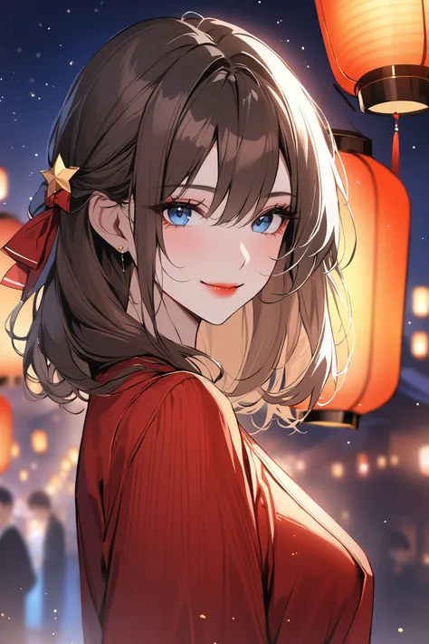 (extremely delicate and beautiful:1.2),1girl,fashi-girl, bangs, blue eyes, blurry, blurry background, bow, brown hair, closed mouth, from side, hair between eyes, hair bow, lantern, light particles, long sleeves, looking at viewer, medium hair, night, red ...