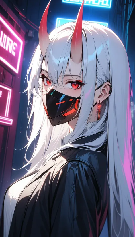 anime girl with horns and a mask in a dark city