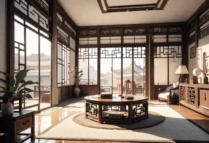 best quality, masterpiece, ((front view)), (animation style), (center view of floor-to-ceiling windows and courtyard), chinese-s...