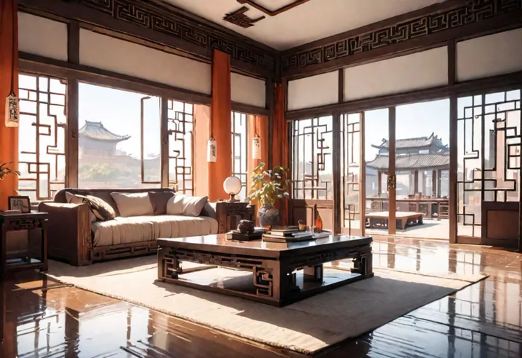 best quality, masterpiece, ((front view)), (animation style), (center view of floor-to-ceiling windows and courtyard), chinese-s...