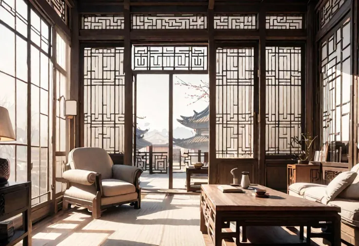 best quality, masterpiece, ((front view)), (animation style), (center view of floor-to-ceiling windows and courtyard), chinese-s...