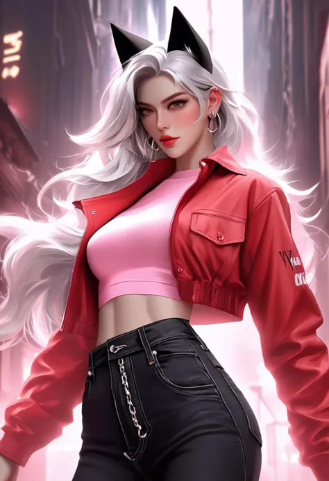 wlop art style, look at the audience, female,seductive eyes, white hair, long hair, ((black cat ears)), ((small amount of abdomi...