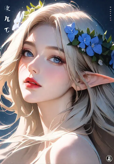 1girl,solo,elf,[white hair|blonde hair],long hair,head wreath,parted bangs,(mature female:1.2),large breasts,lips,pointy ears,fl...