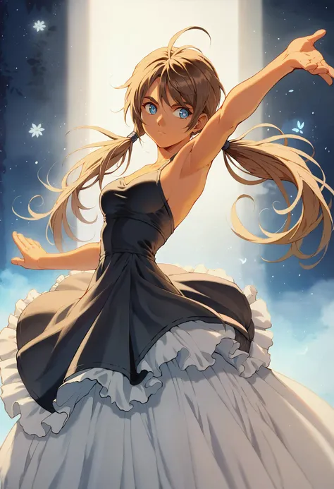 score_9,score_8_up,score_7_up,1girl,skinny female,brown skin,dancing,pupils sparkling,bronze hair,textured bangs,low twintails,dark blue eyes,medium breasts,black frilled dress,floral background,foggy atmosphere,<lora:fujishima_kousuke_PonyXL_style_v01:1>,