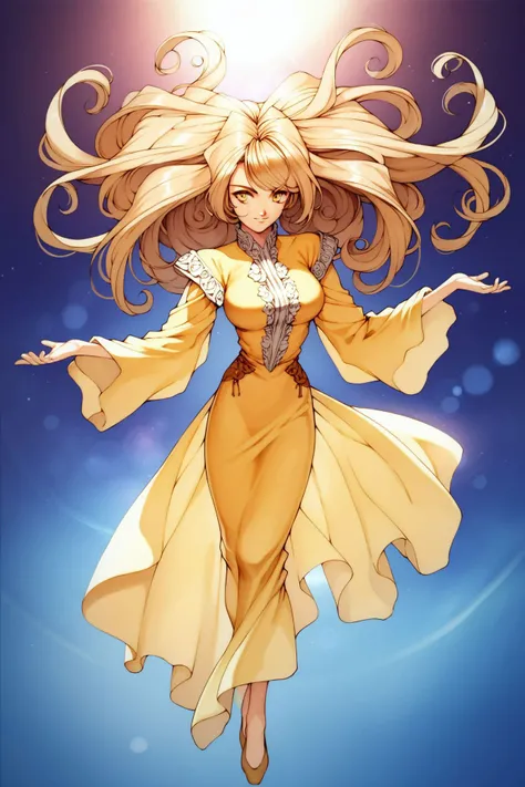 score_9, score_8_up, score_7_up, 1girl, slender female, shiny skin, floating, kind smile, cream hair, full bangs, big hair, yellow eyes, large breasts, golden cowl neck dress, floral background, lens flare <lora:fujishima_kousuke_PonyXL_style_v01:1>