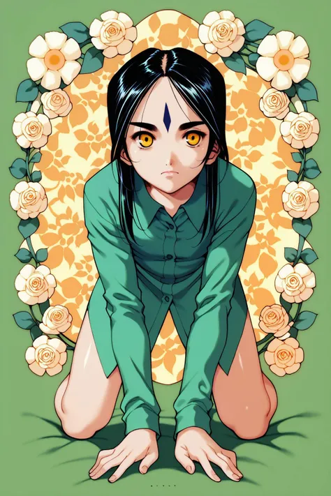 score_9, score_8_up, score_7_up, 1girl, rough female, shiny skin, all fours, :D, black hair, parted bangs, single sidelock, golden eyes, flat chest, green dress shirt dress, floral background, sidelighting <lora:fujishima_kousuke_PonyXL_style_v01:1>