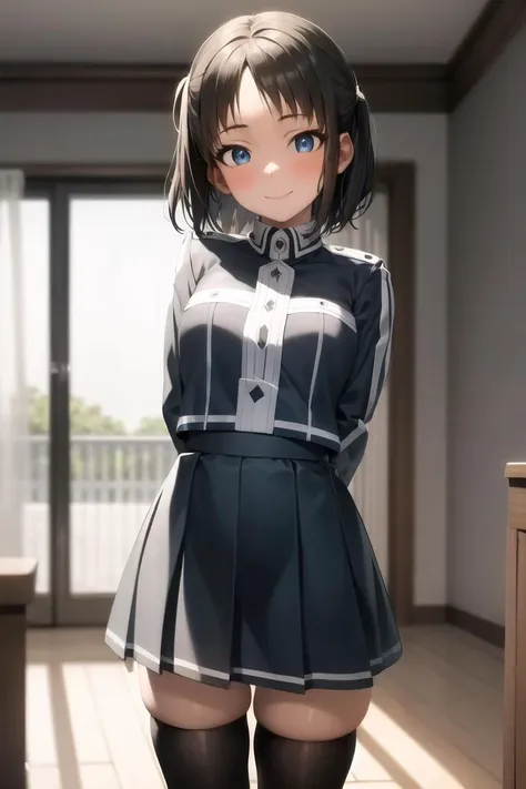 masterpiece, best quality, absurdres, perfect anatomy, 1girl, solo, Ronye Arabel, short hair, blue eyes, RonyeUniform, long sleeves, school uniform, grey skirt, black thighhighs, standing, smile, arms behind back, indoors