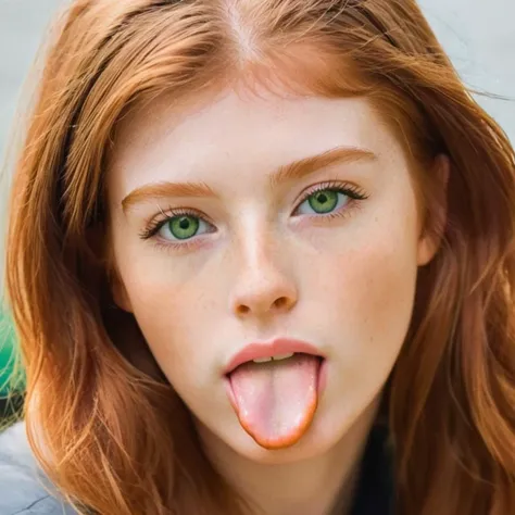 Portrait photo of a woman with green eyes and long red hair sticking out her short pink tongue,  <lora:concept_tongue_out_xl_1_standard_merger_57_80_04_06:0.8>