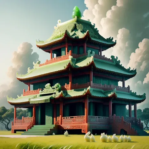 there is a large building with a green roof and a sheep in front of it