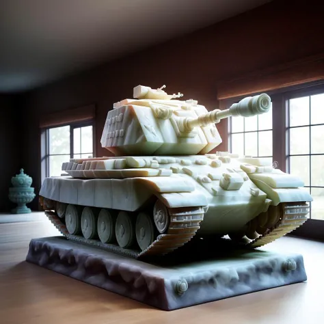 a statue of a white (tank:1.2), solo, <lora:jadecarvingcd-000008:0.9>, jadecarvingcd with white, no humans, high quality, masterpiece, realistic, photorealistic, long-focus, indoors, living room