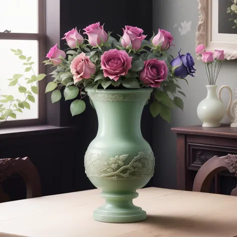 there is a vase with pink and purple roses in it on a table