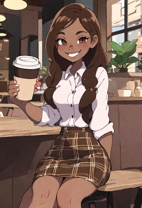 1girl, sitting in a coffee shop, big smile, coffee cup in hand, skirt, button up shirt