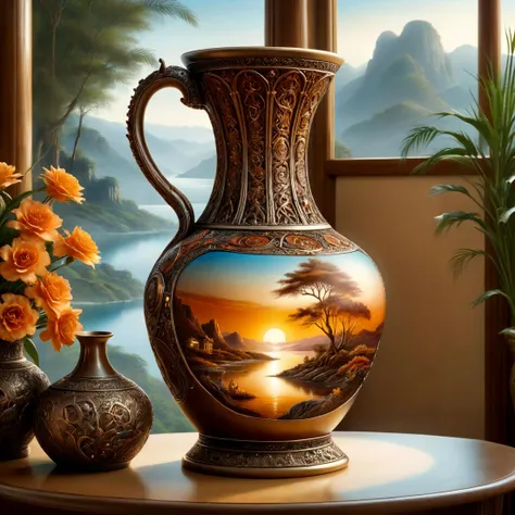 highly detailed, award-winning photography, (High Dynamic Range:1.4),

An intricate vase, crazed, depicting scenery.

The vase sits in a traditional room, on a table between exotic chairs.

airbrush painting.

Atmospheric, beautiful, warm hues, warm tones,...