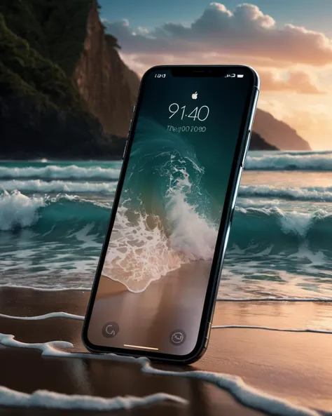 iphone 20 Pro Plus Extended Ultra advertisement, best quality, award winning, 8k, (beach wallpaper on iphone screen with the time 9:41:0.25)