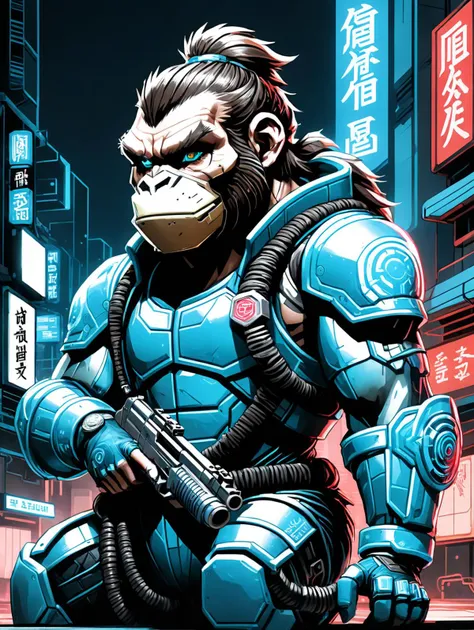 Japanese Style Ink Drawing of Donkey Kong (Donkey Kong) as a cyberpunk style assassin is holding a gun with face tattoos, ready to fire the gun, wariza sitting on knees, 
assassin is wearing a Baby Blue neon high-tech armor, wires and cables are connected ...