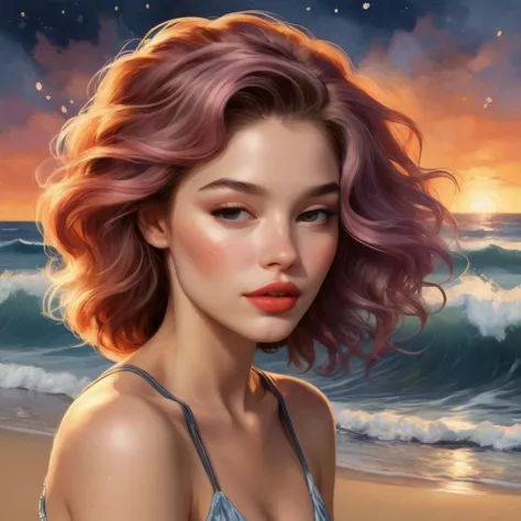 The firelight of the campfire flickers across her sun-kissed skin, painting her 22-year-old form in a dance of warm and cool. Her hair, the color of spun moonlight, cascades over the sand like a forgotten dream, whispering secrets to the tide. Her lips, st...