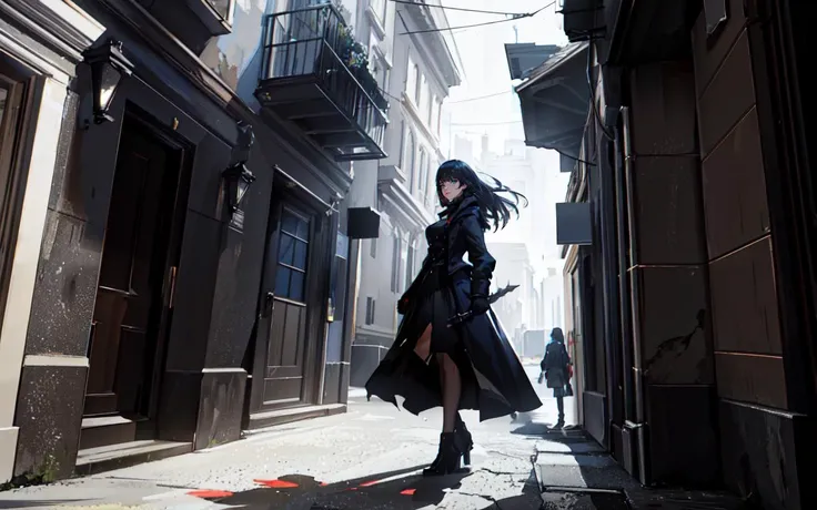 anime - style image of a woman in a black coat and boots walking down a narrow alleyway