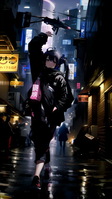 anime girl walking down a city street in the rain