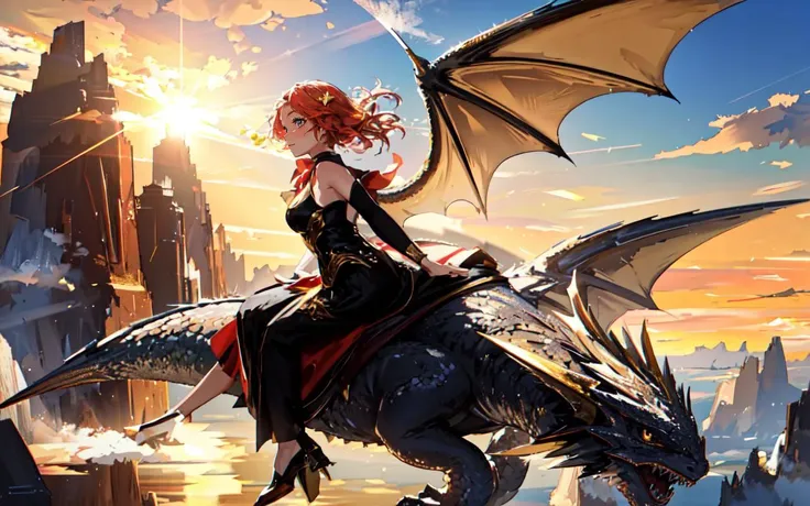 (cinematic still of flying along side attractive young woman on a dragons back:1.3), Soaring on a Dragon Over Mystical Lands: Envision an ethereal dragon soaring gracefully over a landscape brimming with fantastical flora, shimmering lakes, and floating is...