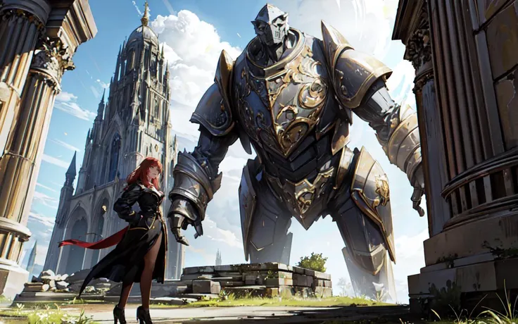 a woman standing in front of a giant robot in a city