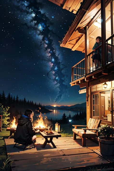 a couple sitting on a porch looking at the stars above a lake