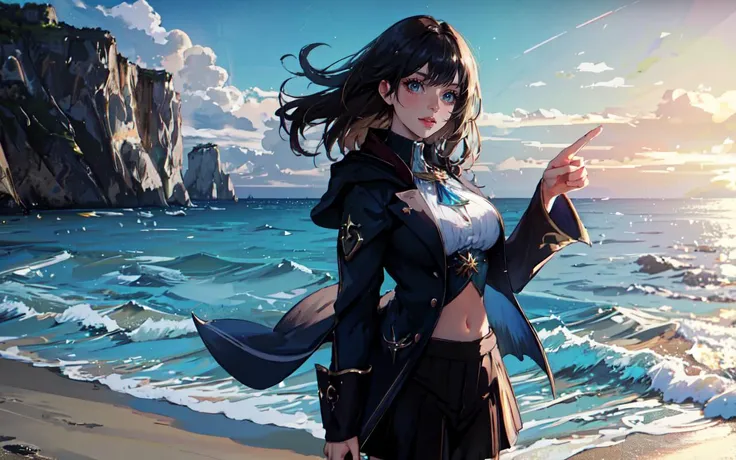 anime girl standing on the beach pointing at the ocean