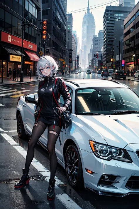 anime girl in black outfit standing next to a white car