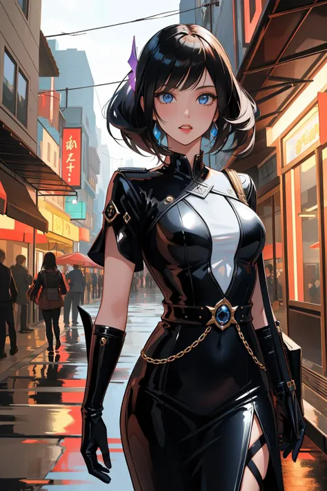 a woman in a black and white outfit walking down a street