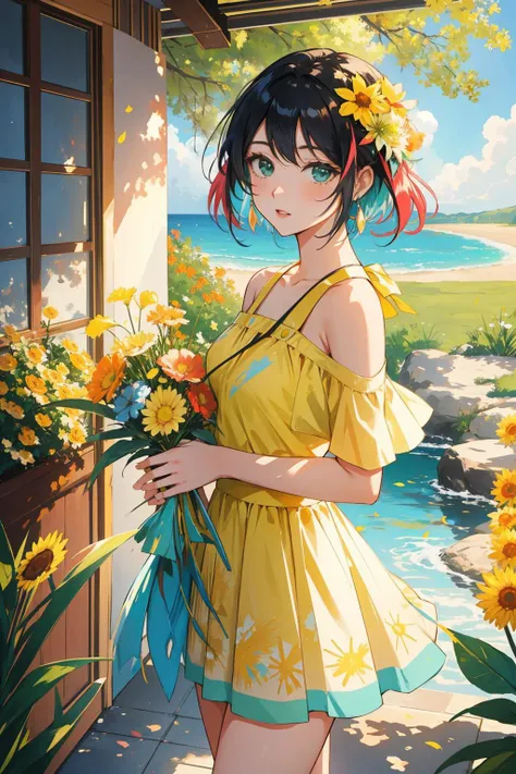 a woman in a yellow dress holding flowers standing in front of a house