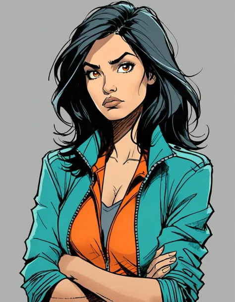 ((pen and ink drawing:1.4)),newspaper comic strip style:1.1,a 23 y.o Hispanic woman,messy shoulder length black hair,teal jacket,orange pants,crossed arms,looking at viewer,scowling,(simple background,grey background:1.1)