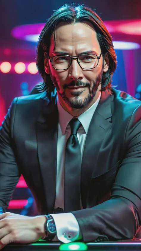 photo of Keanu Reeves as john wick in a nightclub, vibrant, beautiful, crisp, detailed, ultra detailed, intricate, serious face, serious pose, john wick with black glasses, ultra realistic, soft colors, smiling face