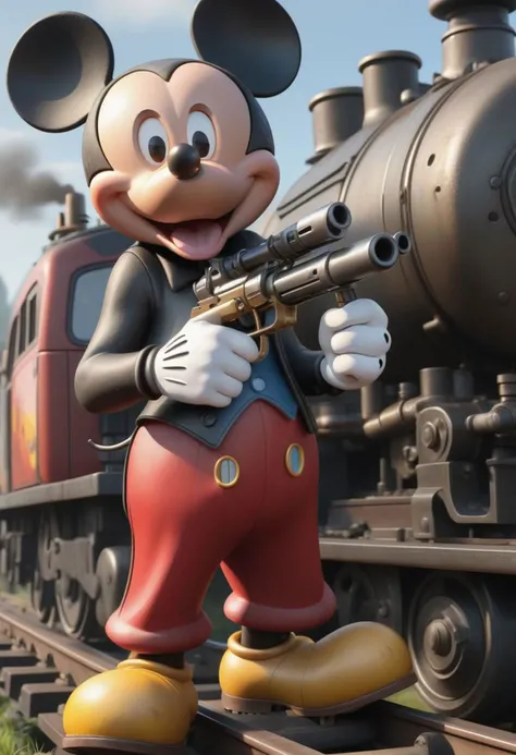 (8k 16k UHD photo, best quality, master:1.2), (realistic, photo-realistic:1.37), ultra detailed,  mickey  mouse with a rail gun, trending on artstation, 4k, hyper realistic, focused, extreme details, unreal engine 5, cinematic, masterpiece, art by studio g...