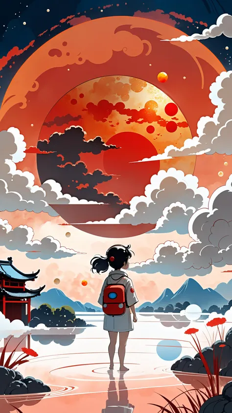 A detailed illustration muted chinese ink painting, muted colors, rice paper texture, splash paint, halo ai, one human, one red sun. Venus. Space. Clouds wet to wet techniques. vibrant vector. using Cinema 4D, cute ghibli studio style, cute cartoon style