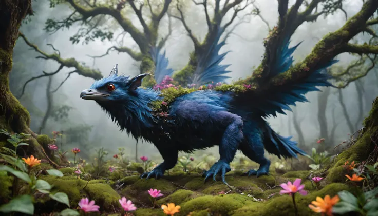 analog photo of a dark small crested chonkwup creature, A magical location found in an exotic biome of a fantasy planet: A lush, vibrant forest, filled with colorful and fragrant flowers, illuminated by an ethereal, magical light. The air is filled with a ...