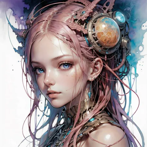 famous artwork (by carne griffiths:1.3), detailed expressive eyes, fantasy style, deep within the underground caves of the moon stirpculb viii, the bioluminescent robotic globmephit may be found which resembles a hybrid of a cephalopod and the majestic ine...