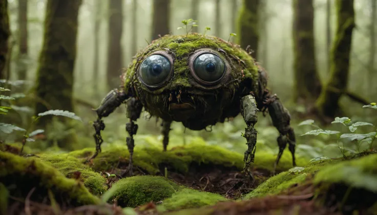 a close up of a spider with big eyes in a forest