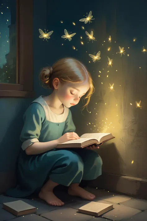 sleepy little girl praying reading book under fireflies fairies, facing viewer, 2d, artwork by van gogh on wall , (((wall graffiti))) , <DigitalArtist_Andreas_Rocha:0.4> painted by andreas rocha <lora:SDXLSamDoesArts:0.1>  <lora:JohannesVermeerXL_v1:0.35> ...