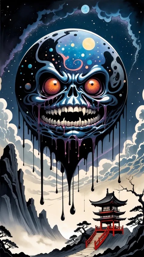 a poster of a skull with a face and a mountain in the background