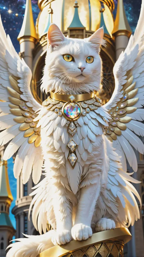 a close up of a cat statue with wings on a pedestal