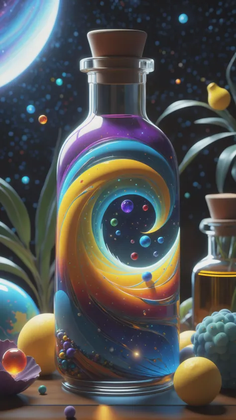 there is a bottle with liquid and a lot of colorful objects