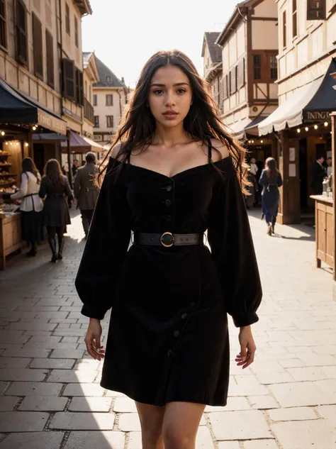 araffe woman in black dress walking down a street in a city