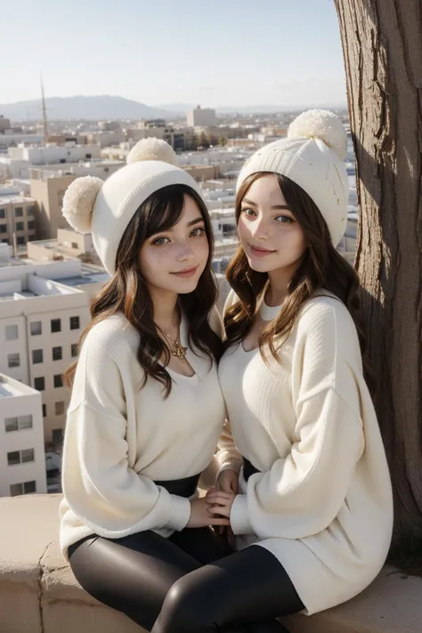 two women sitting on a ledge with a view of a city